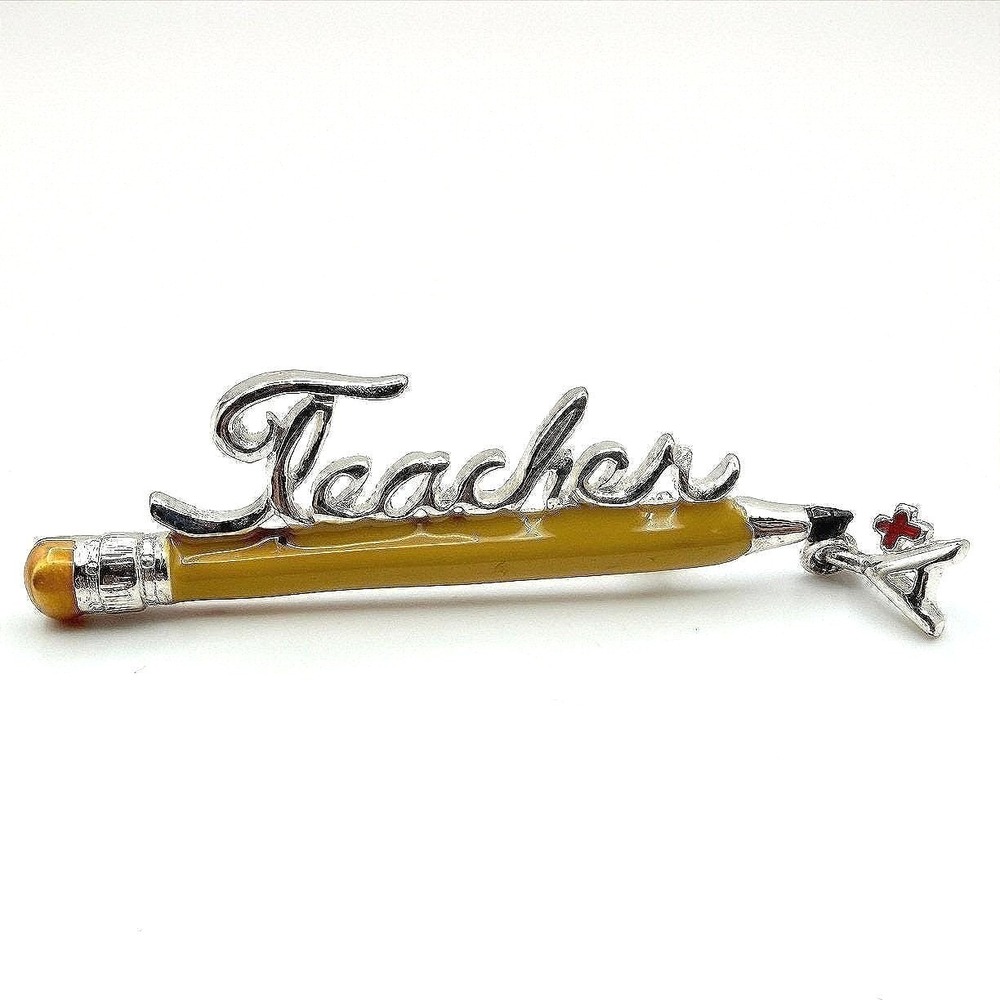 Vintage Two Tone Yellow Enamel Teacher A+ Education Classic Pencil Brooch Pin